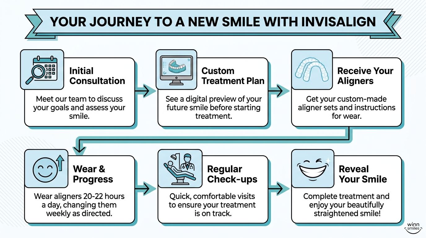 An infographic showing the six-step treatment process for patients undergoing the Invisalign clear aligner orthodontic procedure.