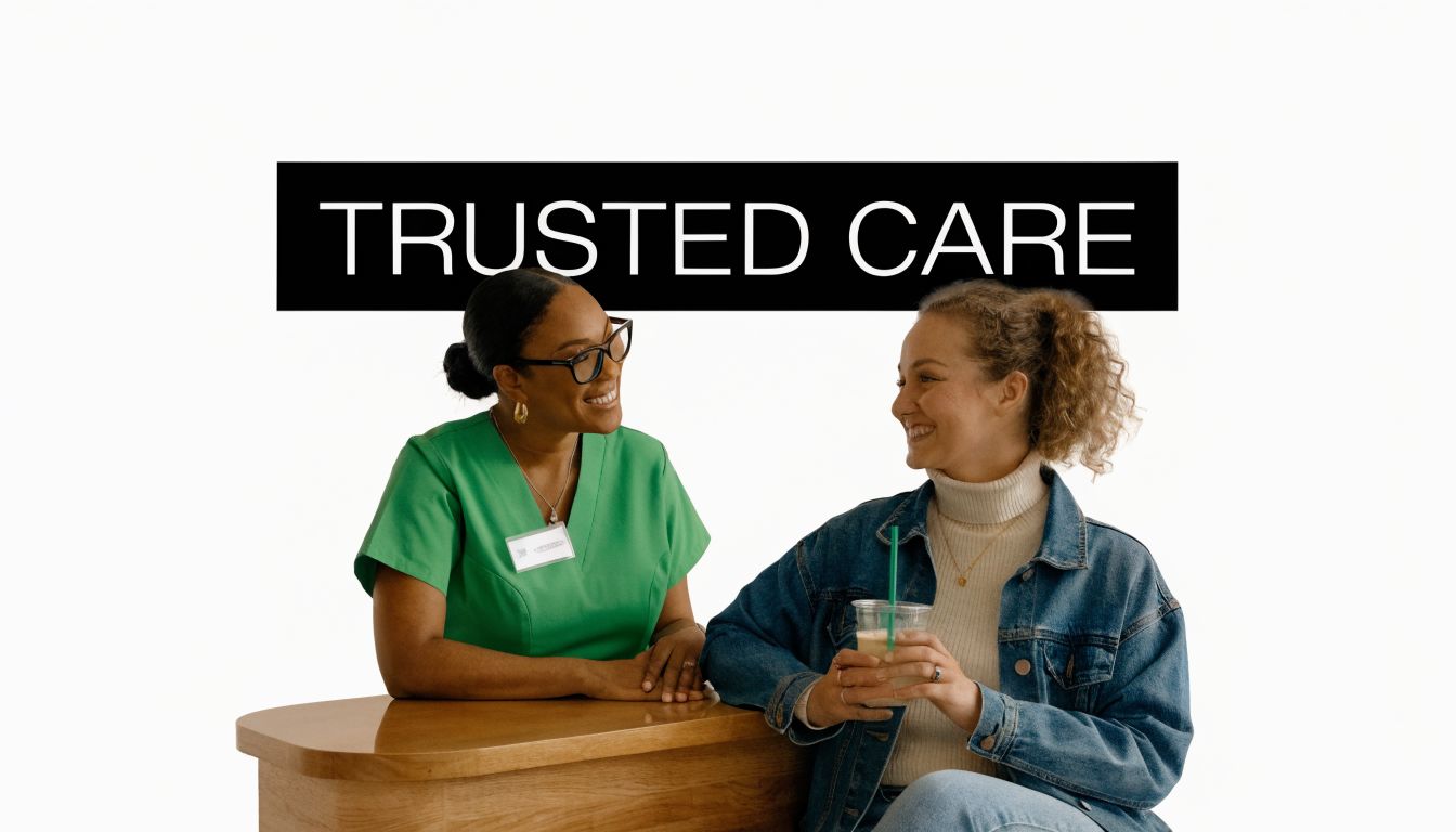 A friendly nurse in green scrubs conversing with a smiling patient holding a drink at a counter.