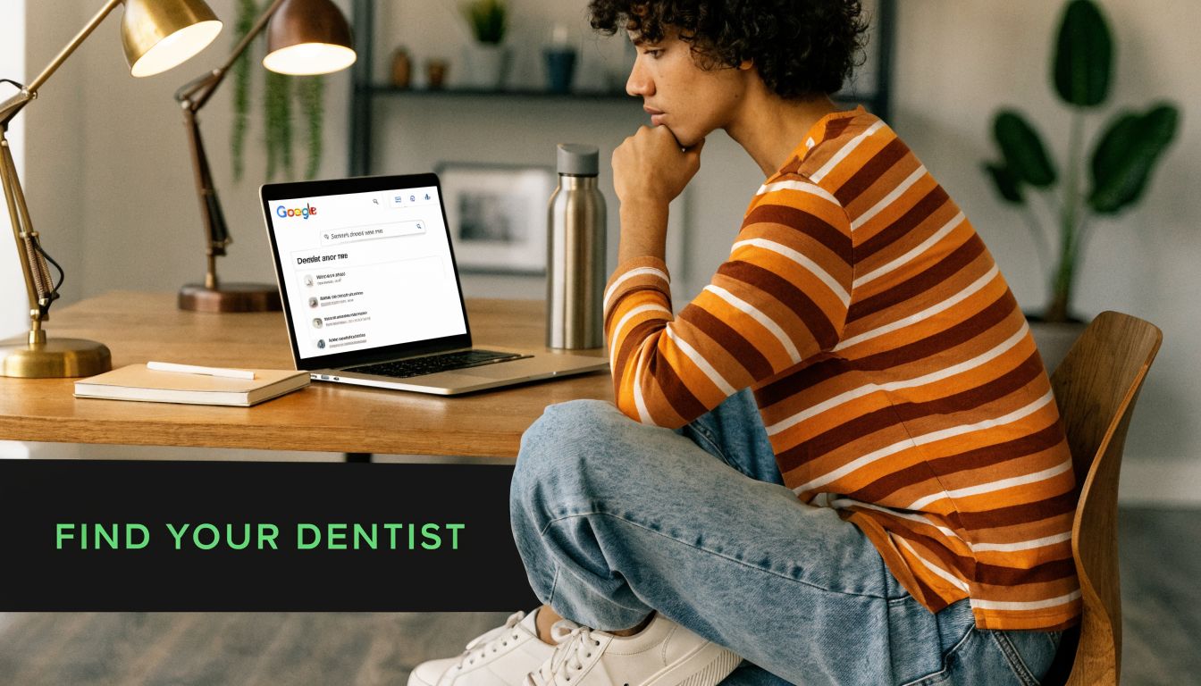 A person sitting at a desk looking at a laptop computer to find a local dentist.