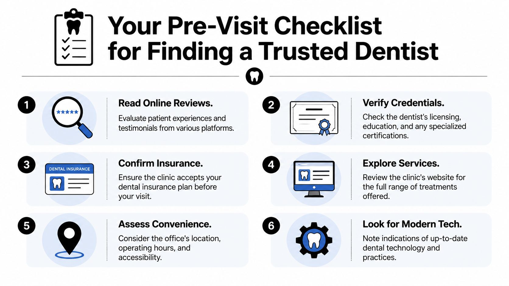 A six-step checklist graphic for finding a trusted dentist, including tips on reviews, credentials, and insurance.