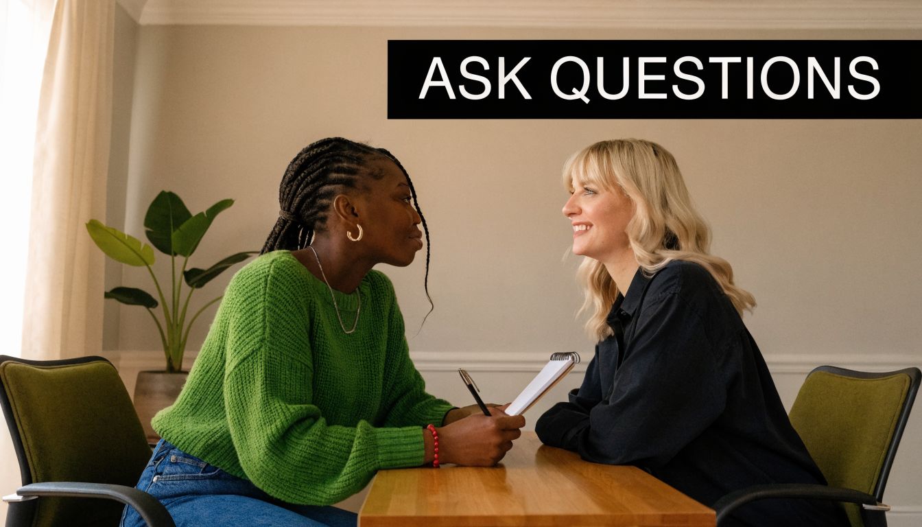Two women sitting at a desk during a professional meeting having a friendly conversation.