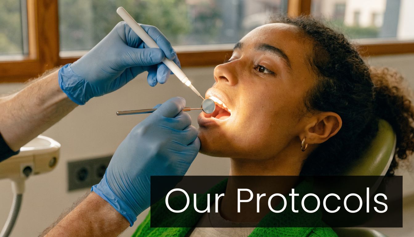 A dentist wearing blue medical gloves uses tools to examine a female patient's teeth in a clinic.