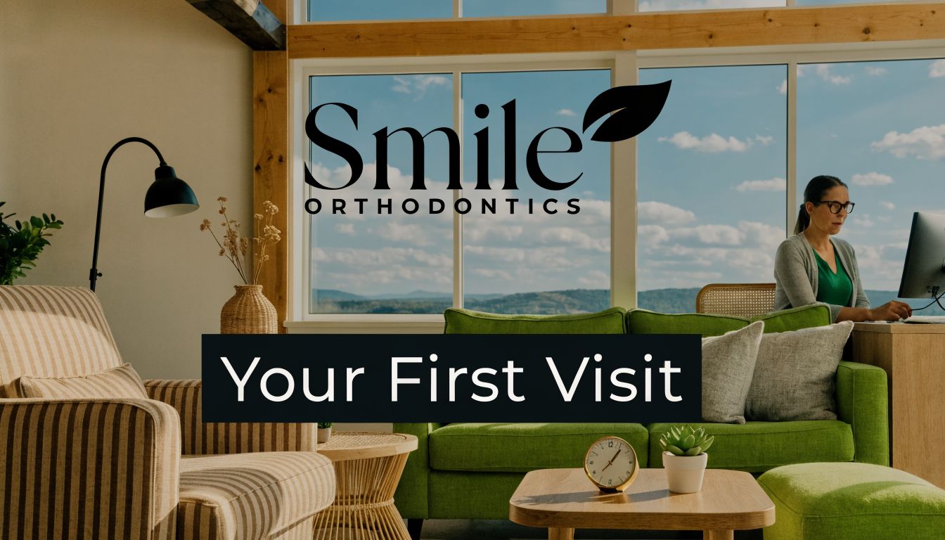A comfortable, modern orthodontist office reception area featuring a bright waiting room with green furniture and scenery.