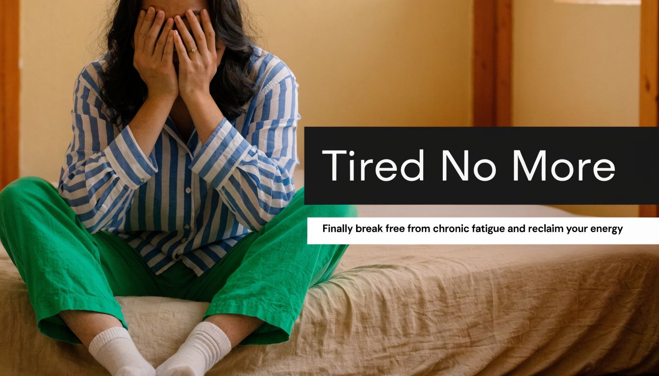 A person sitting on a bed with hands covering their face, representing chronic fatigue and exhaustion.
