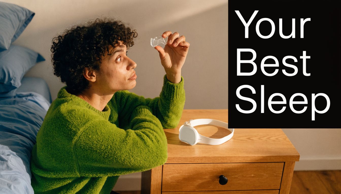 A person in a green sweater holding a dental appliance while sitting next to sleep therapy equipment.