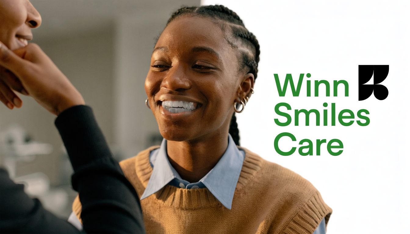 A smiling young woman wearing a dental device while a practitioner provides care during a consultation.
