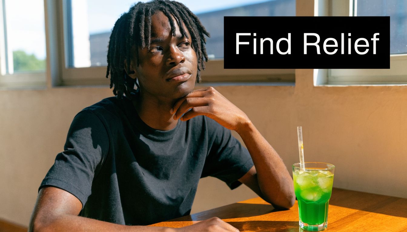 A young man with dreadlocks resting his chin on his hand while contemplating at a table.