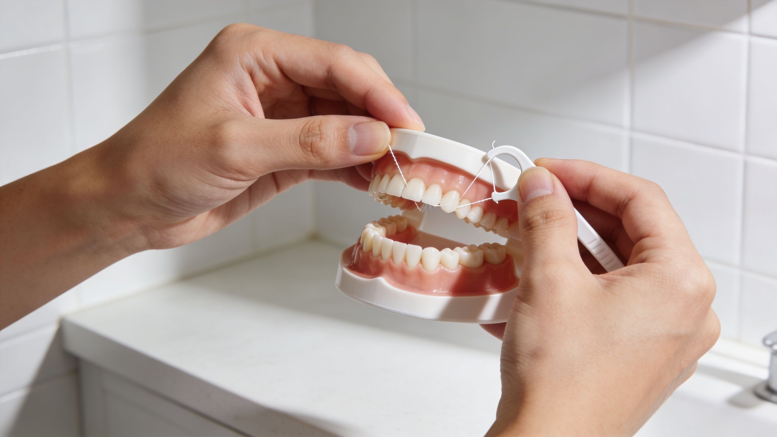 A person demonstrating how to use a floss pick on a dental model for dental hygiene
