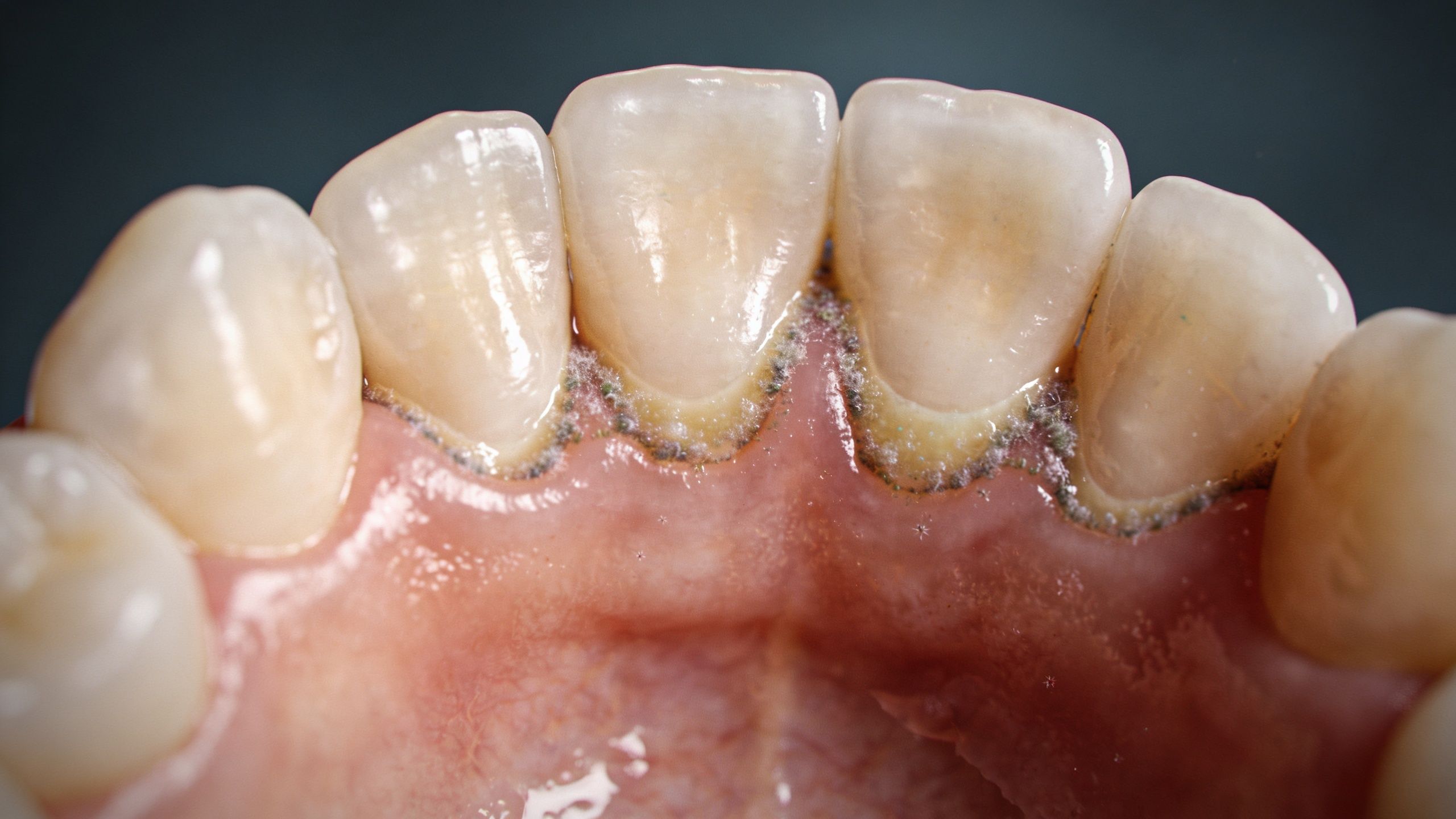 Close-up view of lower incisor teeth showing heavy dental calculus buildup along the gum line.