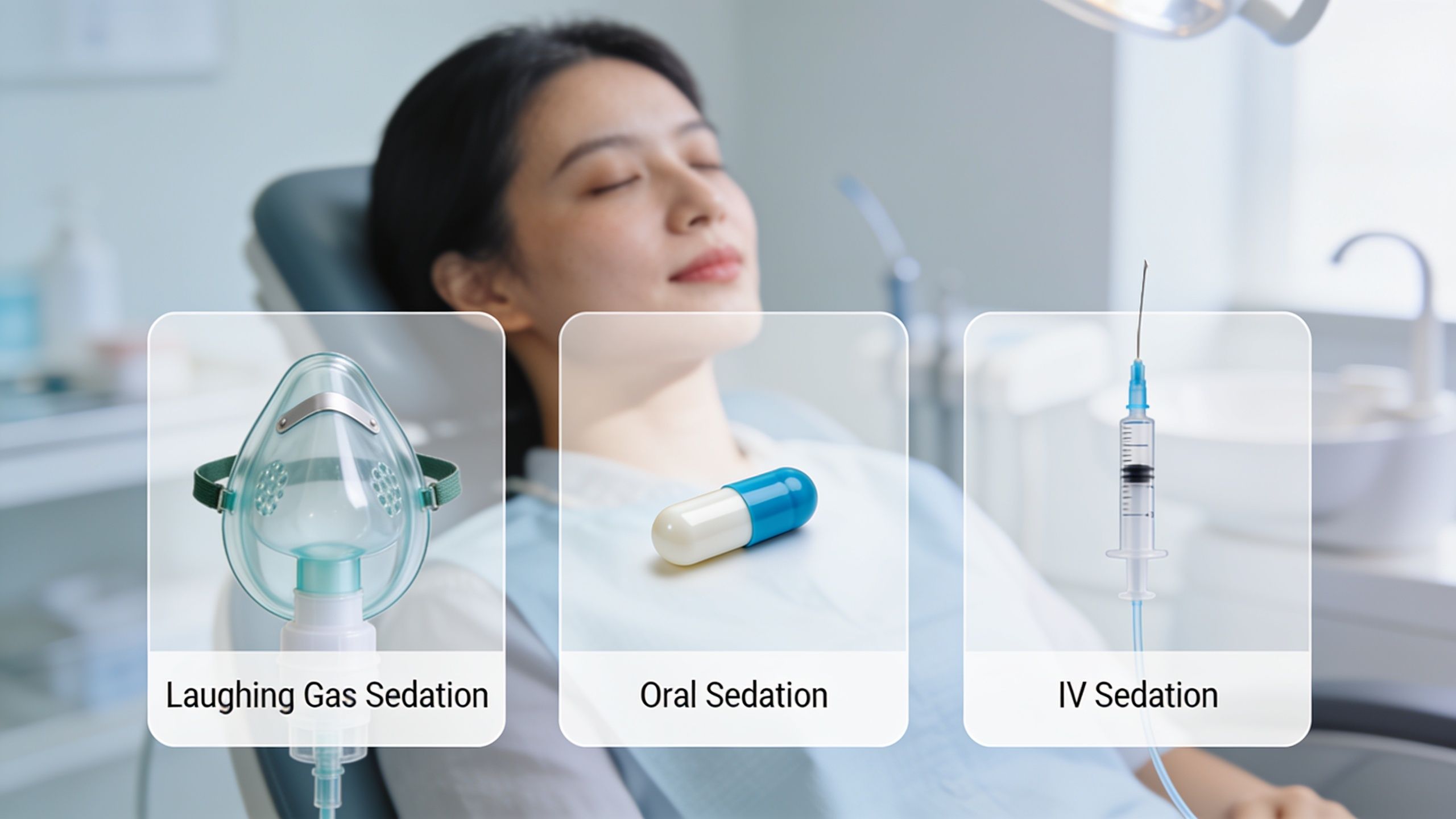 A patient in a dental chair displaying three types of dental sedation: laughing gas, oral medication, and intravenous.