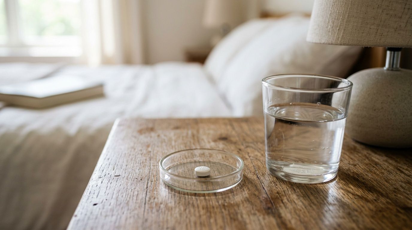 A small white pill sitting in a glass dish next to a glass of water on a wooden nightstand.
