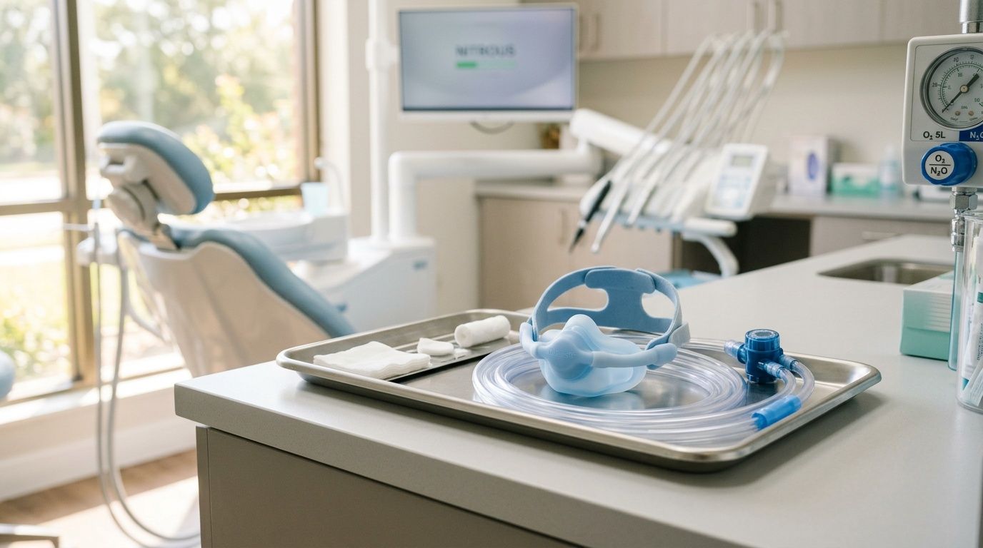 A nitrous oxide nasal mask with breathing tubes resting on a sterile metal tray in a dental office.