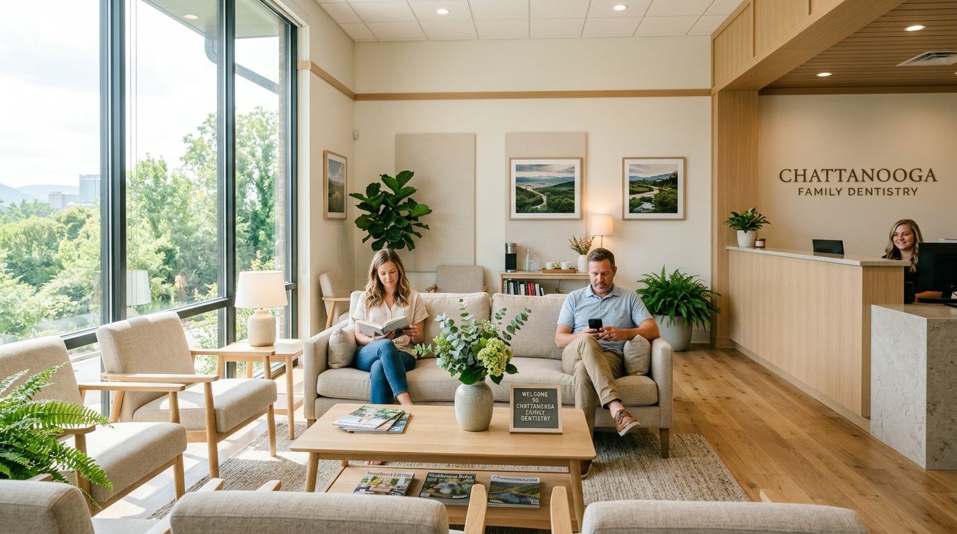 A modern and bright dental office reception area with patients waiting on a comfortable sofa.