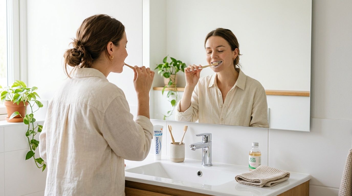 A woman brushes her teeth while looking into a mirror in a bright and modern bathroom.