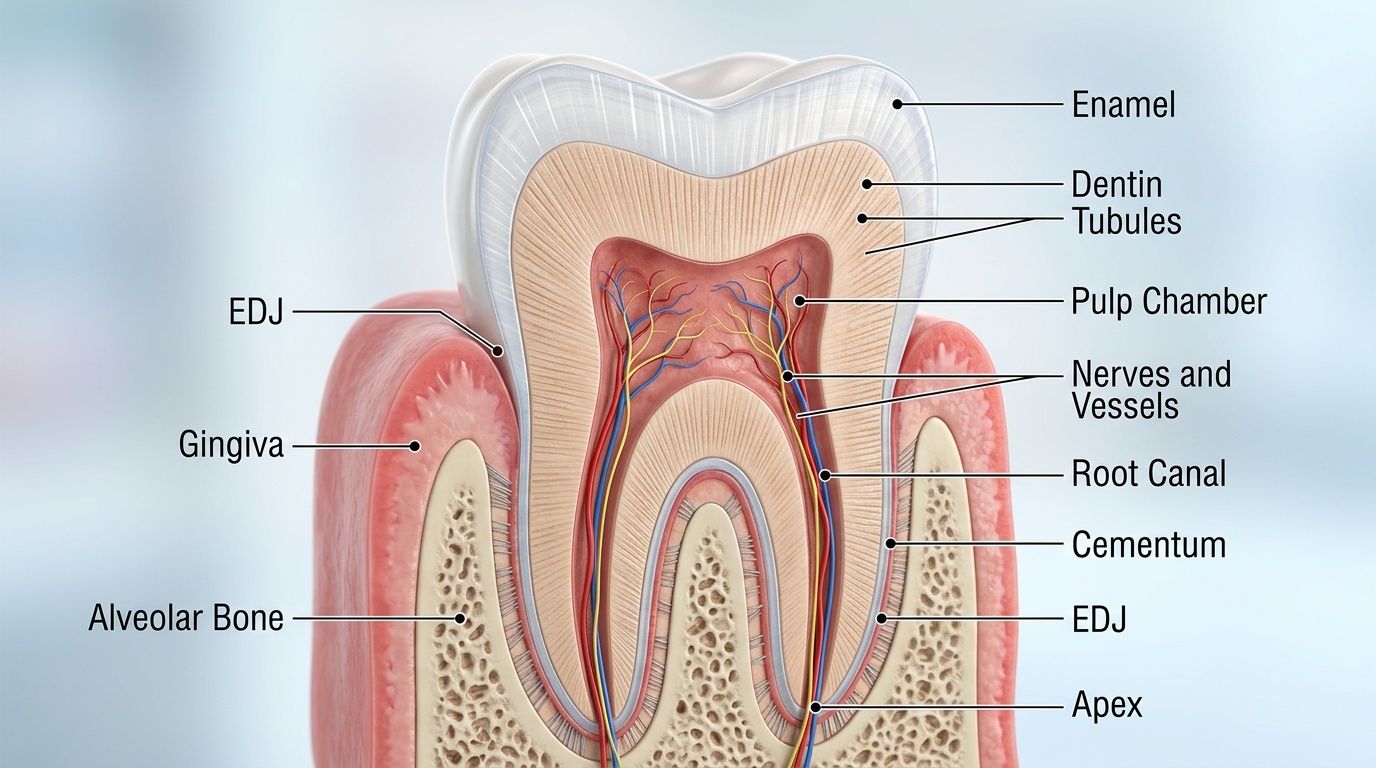 A detailed medical illustration showing the cross-section anatomy of a human tooth with labeled parts.