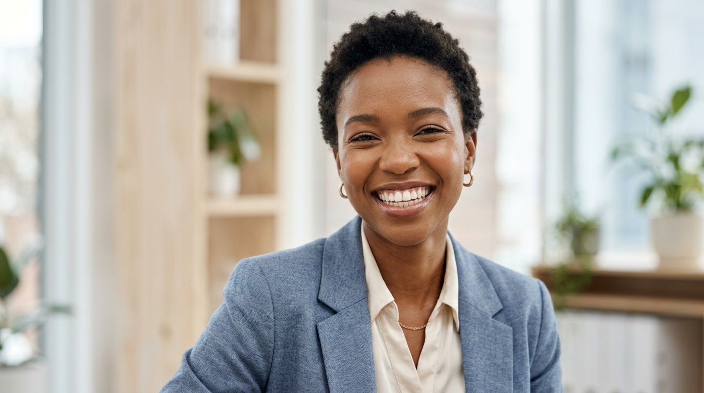 A happy professional businesswoman with a bright, confident smile posing for a portrait in an office.