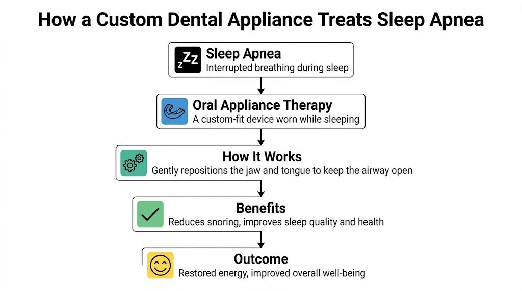 A flowchart explaining how a custom dental appliance treats sleep apnea by keeping the airway open.