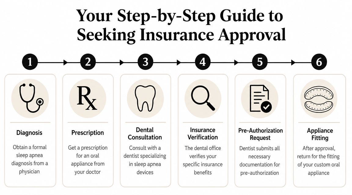 A six-step infographic guide explaining the process of obtaining insurance approval for a sleep apnea dental appliance.
