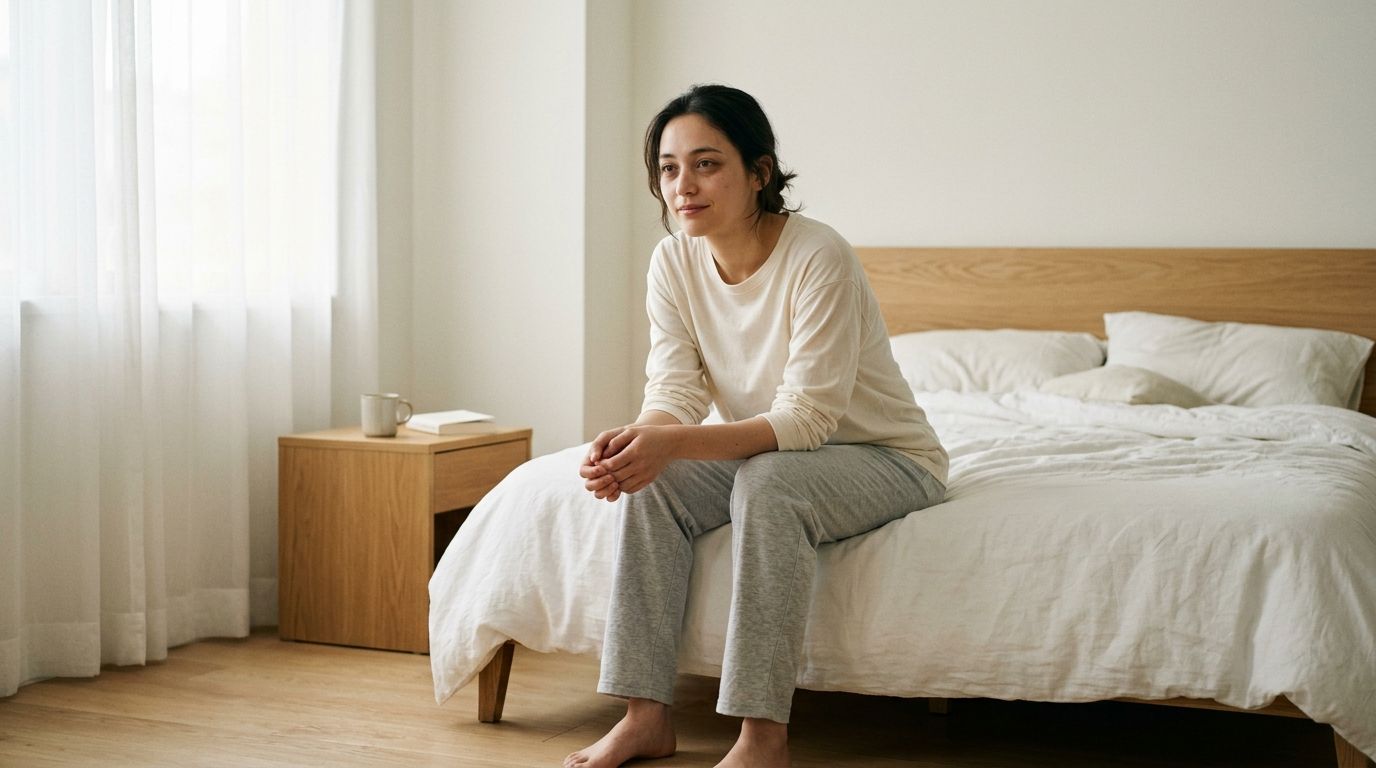 A woman in pajamas sits on the edge of her bed looking thoughtful in a bright bedroom.