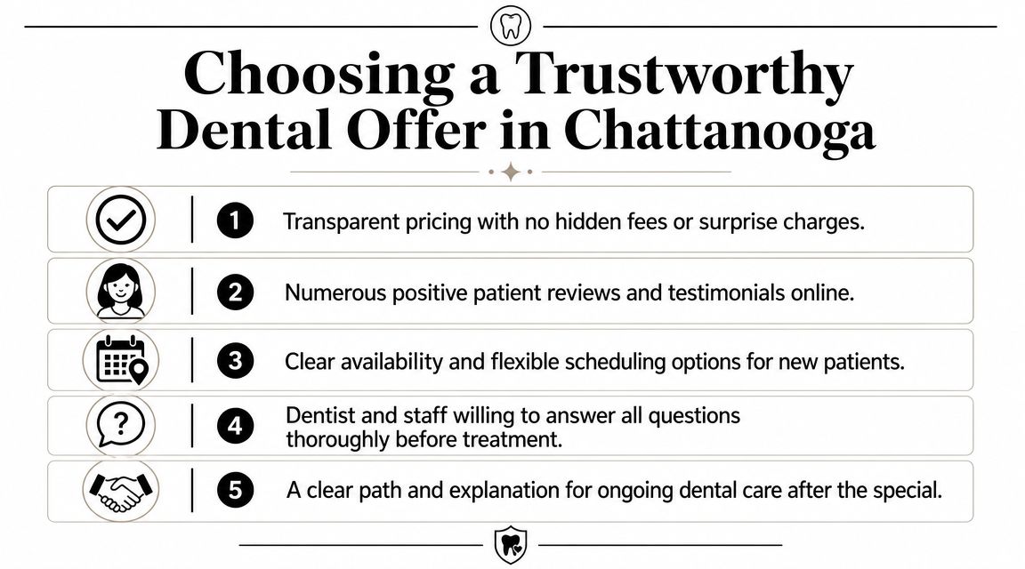 A list titled Choosing a Trustworthy Dental Offer in Chattanooga showing five key criteria for patients.