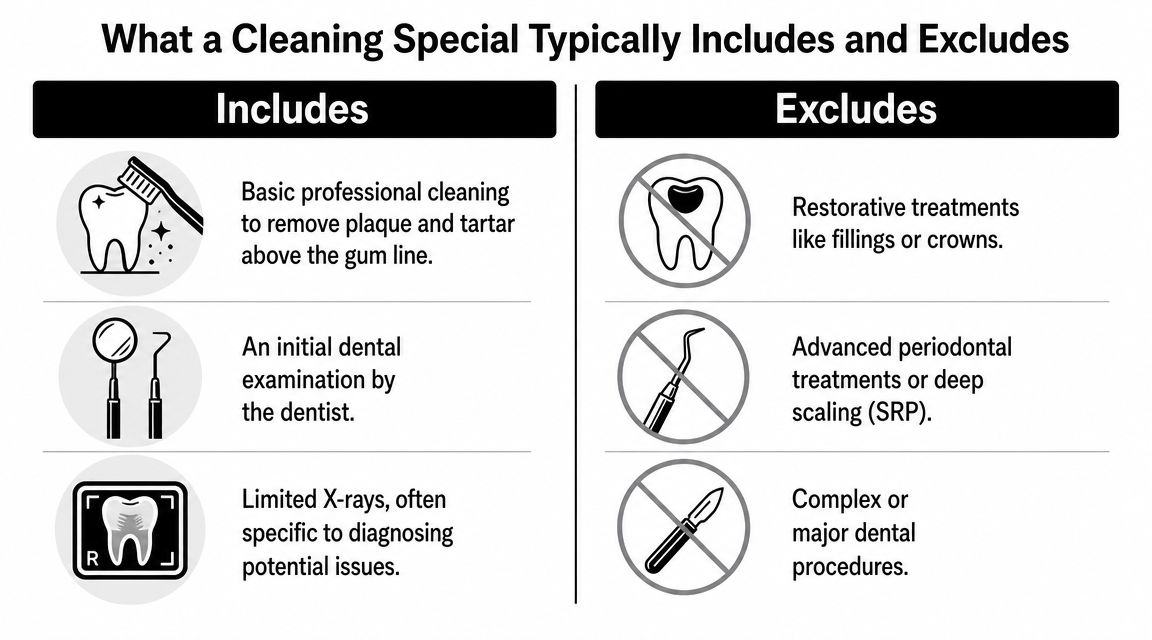 An infographic detailing what is typically included and excluded in a professional dental teeth cleaning special offer.