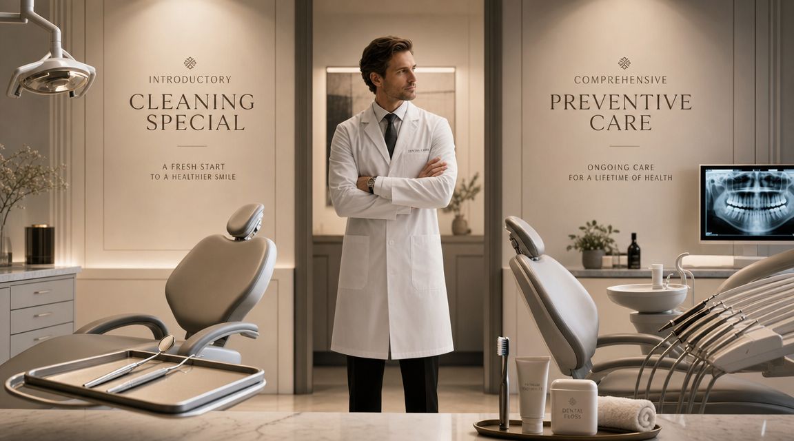 A professional dentist stands in a modern, clean dental clinic offering cleaning specials and preventive care services.