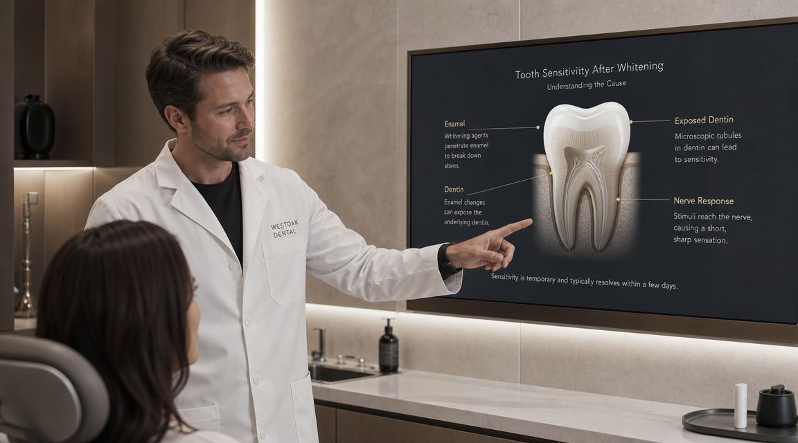 A dentist explaining tooth sensitivity causes after whitening treatment to a patient using a digital display.