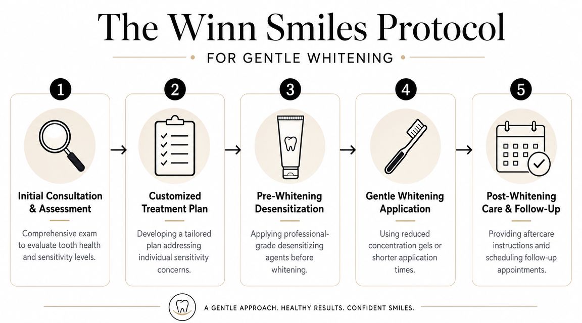 A five-step infographic titled The Winn Smiles Protocol detailing a gentle teeth whitening procedure.