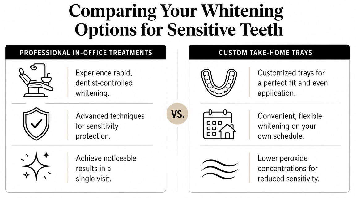 A comparison chart outlining the pros and cons of professional in-office whitening versus custom take-home trays.