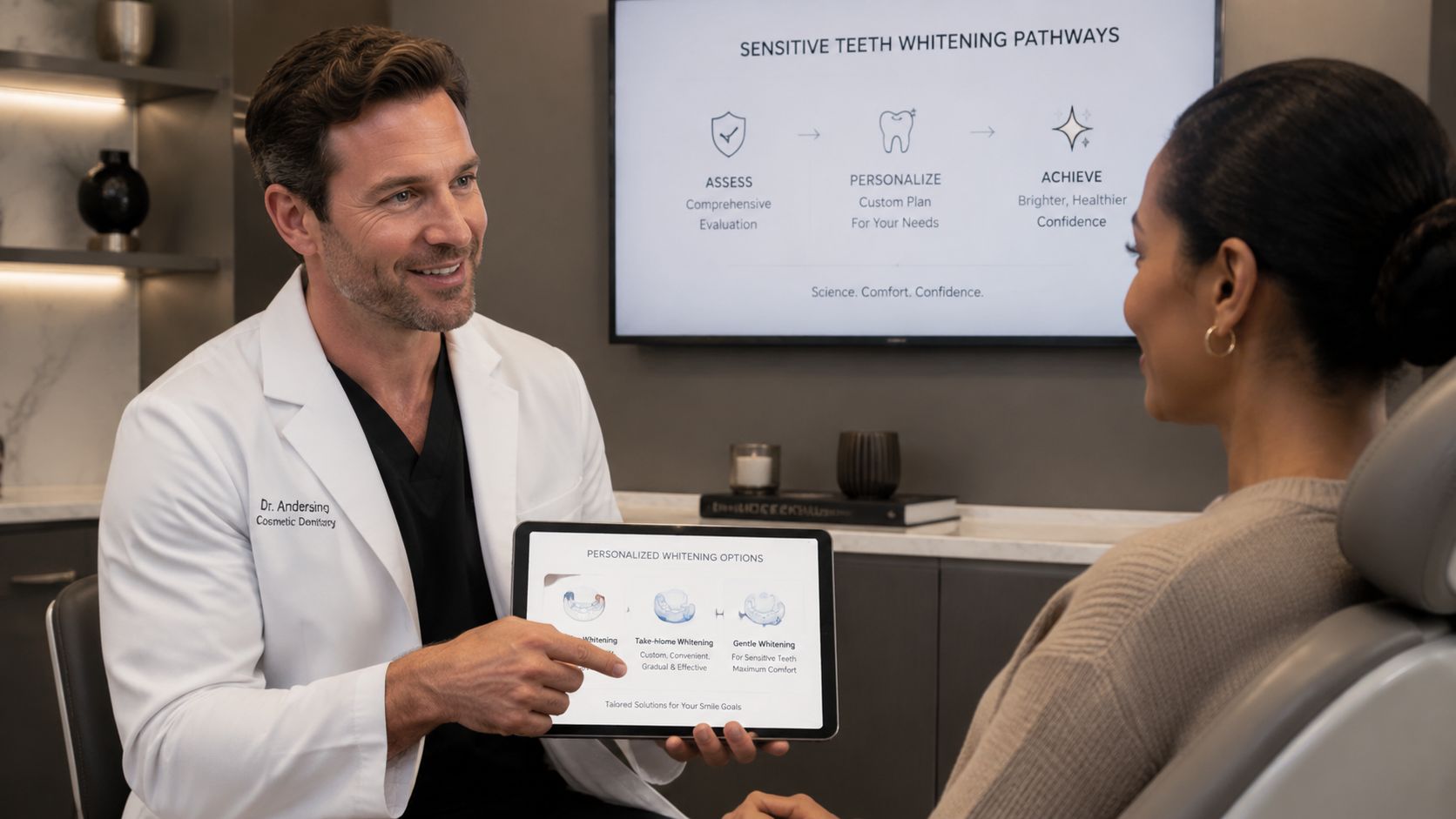 A professional cosmetic dentist discussing personalized teeth whitening treatment options with a patient in a modern office.