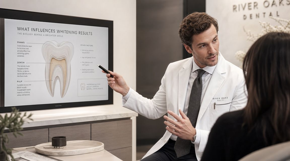 A dentist in a lab coat points to a diagram explaining teeth whitening results to a patient.