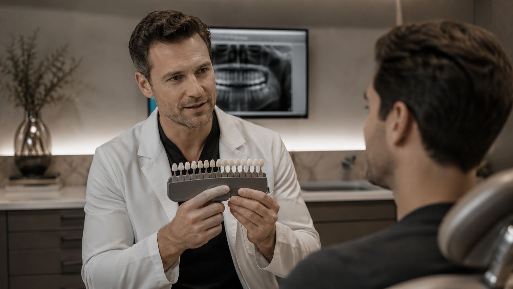 A male dentist showing a tooth shade guide to a patient during a consultation in a dental office.