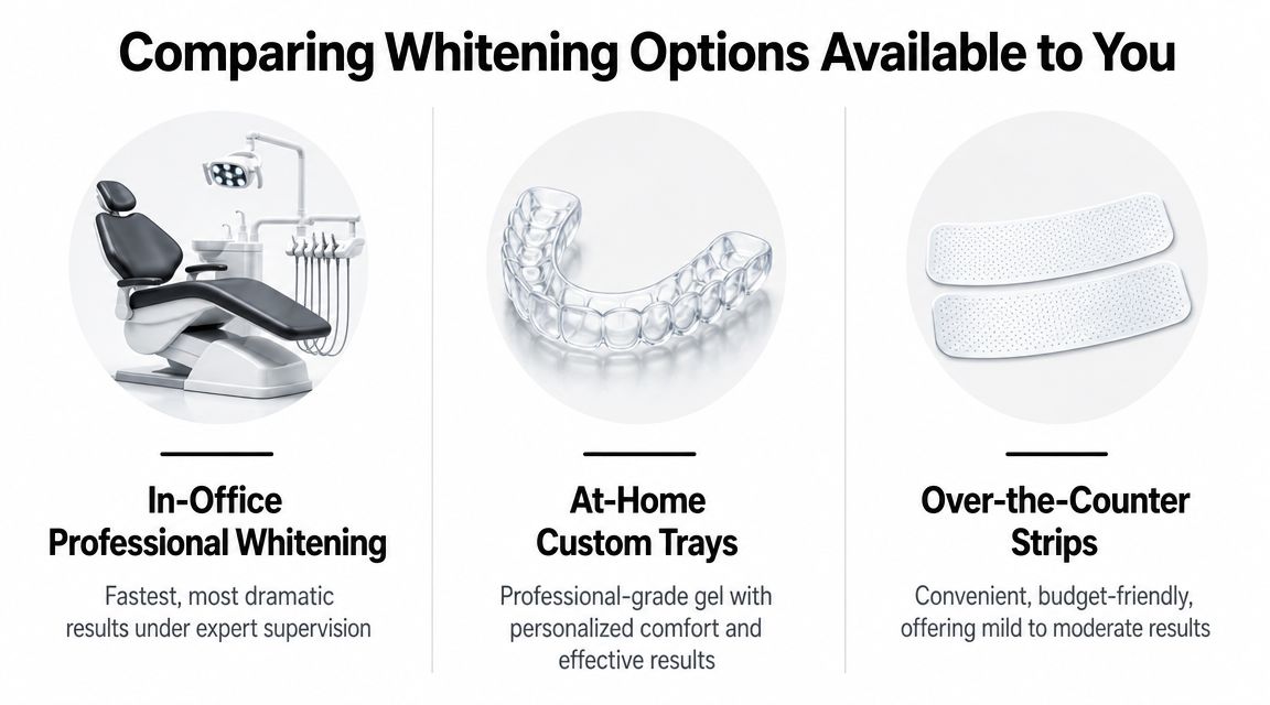 A comparison chart showing three teeth whitening options: in-office treatment, custom trays, and over-the-counter strips.