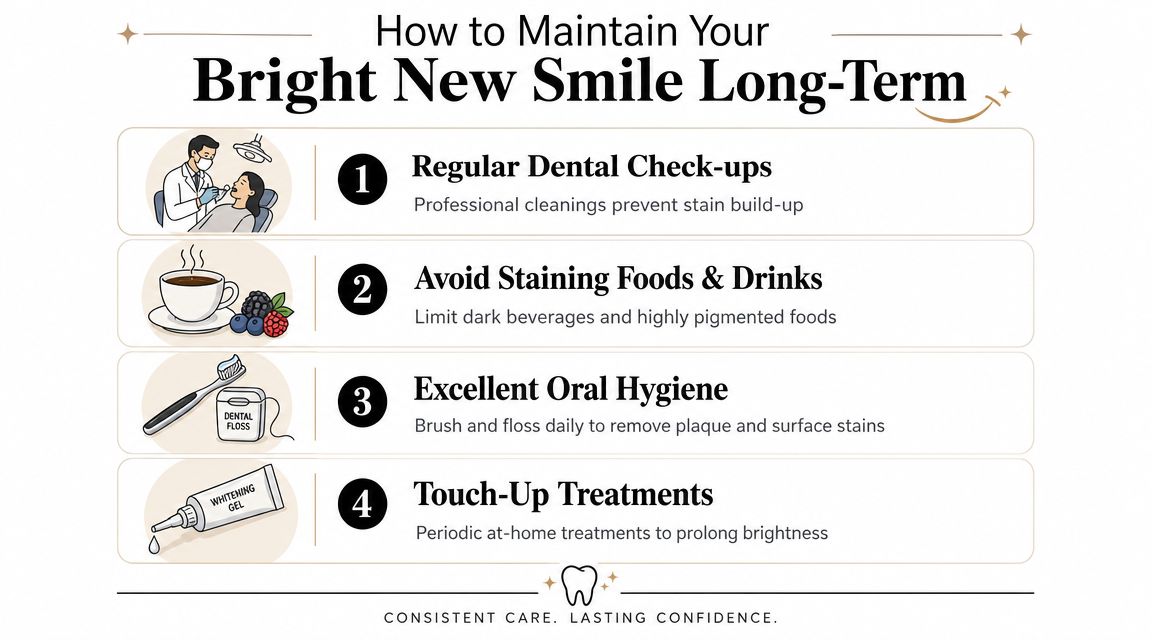 An infographic showing four steps to maintain teeth whitening results, including check-ups, diet, hygiene, and touch-ups.
