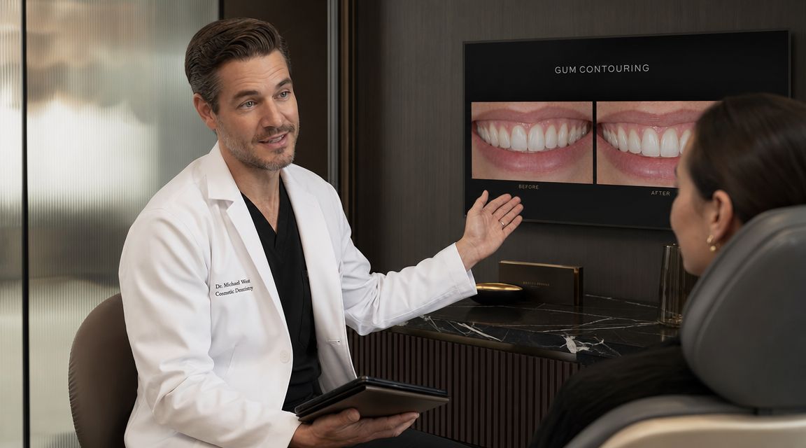A cosmetic dentist explaining a gum contouring procedure to a patient using a before and after screen.