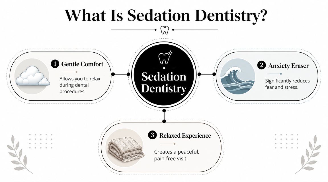 An infographic titled What Is Sedation Dentistry explaining its benefits including comfort, anxiety reduction, and relaxation.