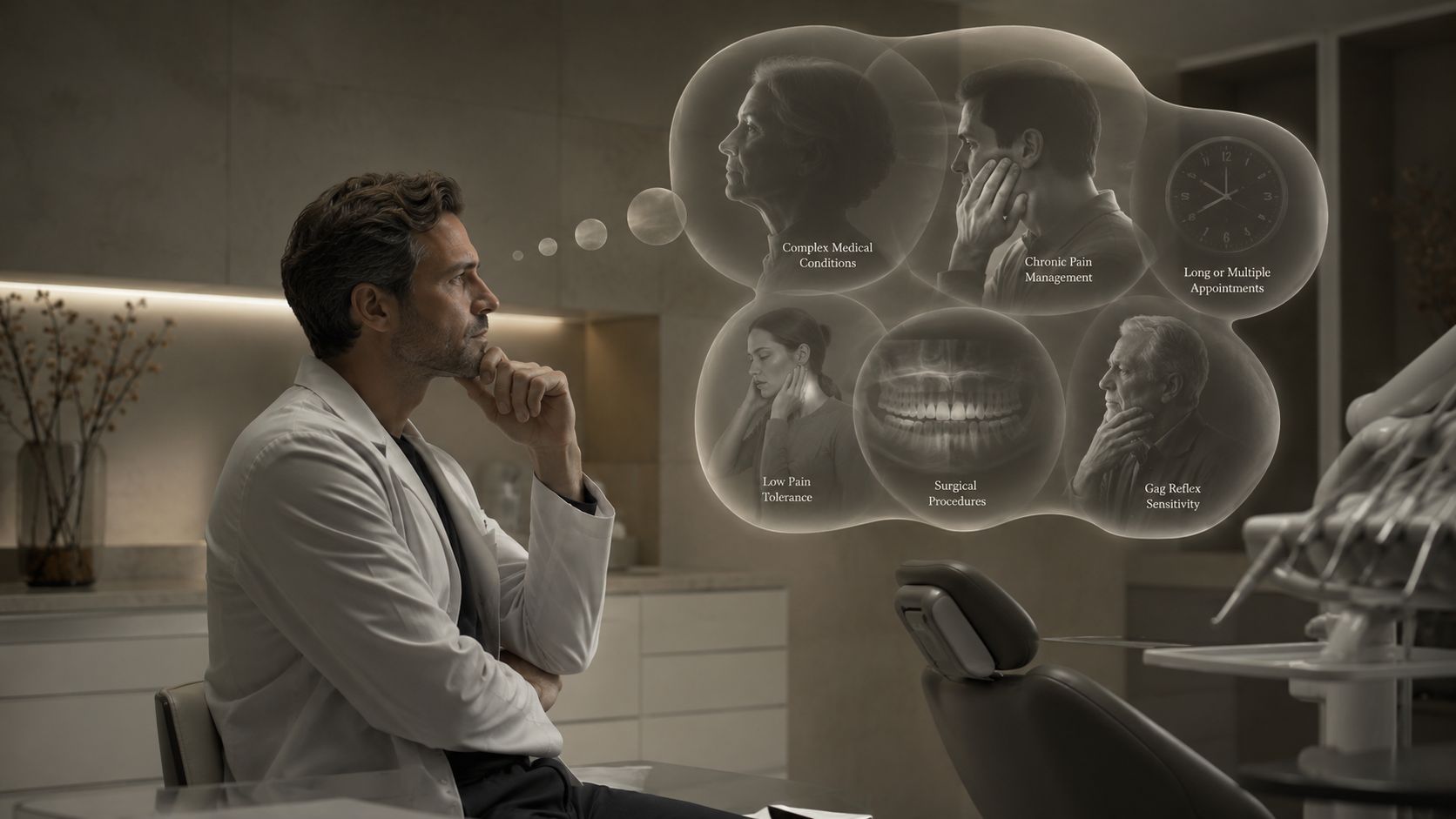 A professional dentist pondering patient challenges including complex medical conditions, pain management, and surgical procedures.