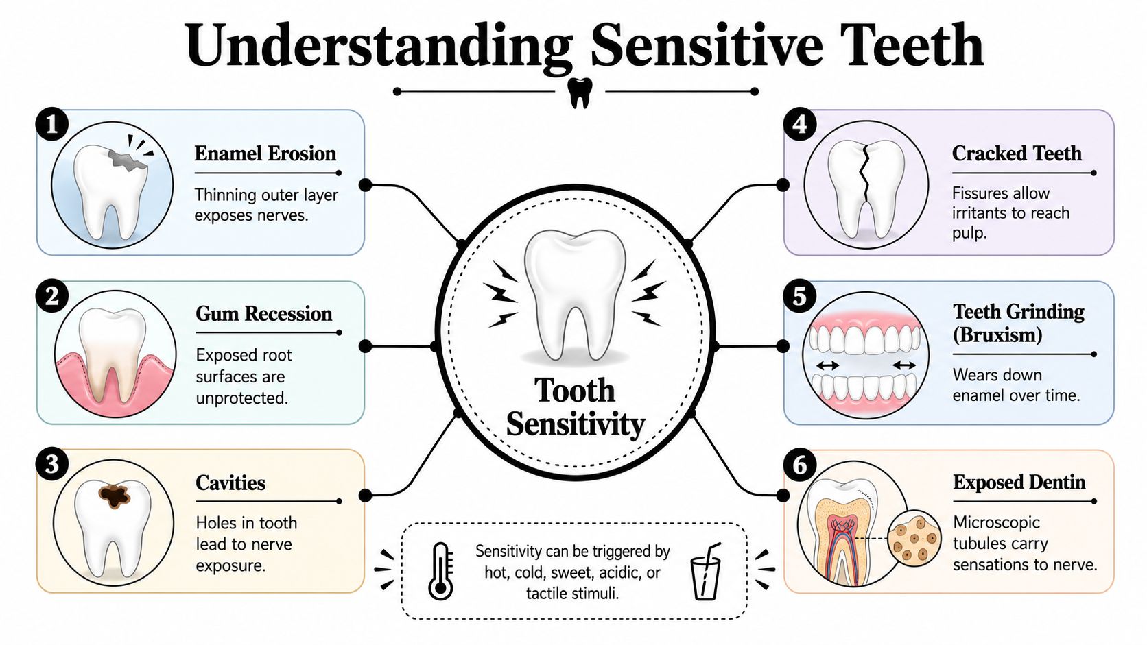An infographic showing six common causes of tooth sensitivity including erosion, recession, cavities, cracks, grinding, and exposed dentin.