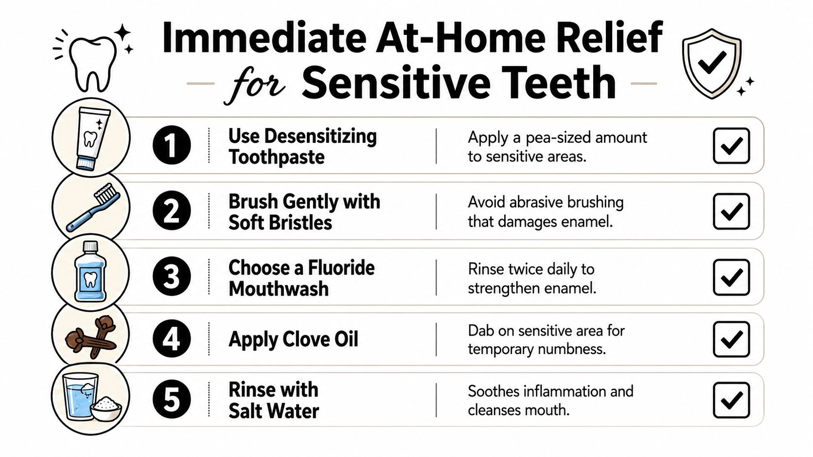 An infographic showing five simple at-home steps for immediate relief from tooth sensitivity.