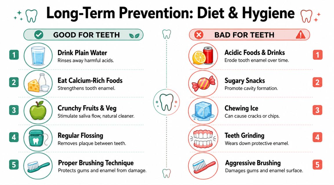 An infographic titled Long-Term Prevention: Diet & Hygiene showing good and bad habits for dental health.