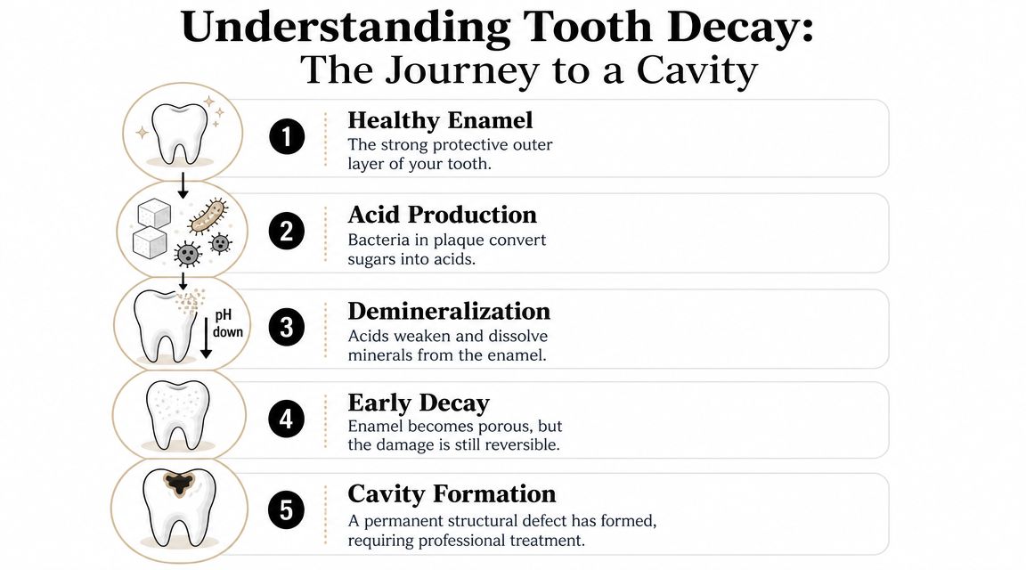 A diagram illustrating the five stages of tooth decay leading to the formation of a cavity.
