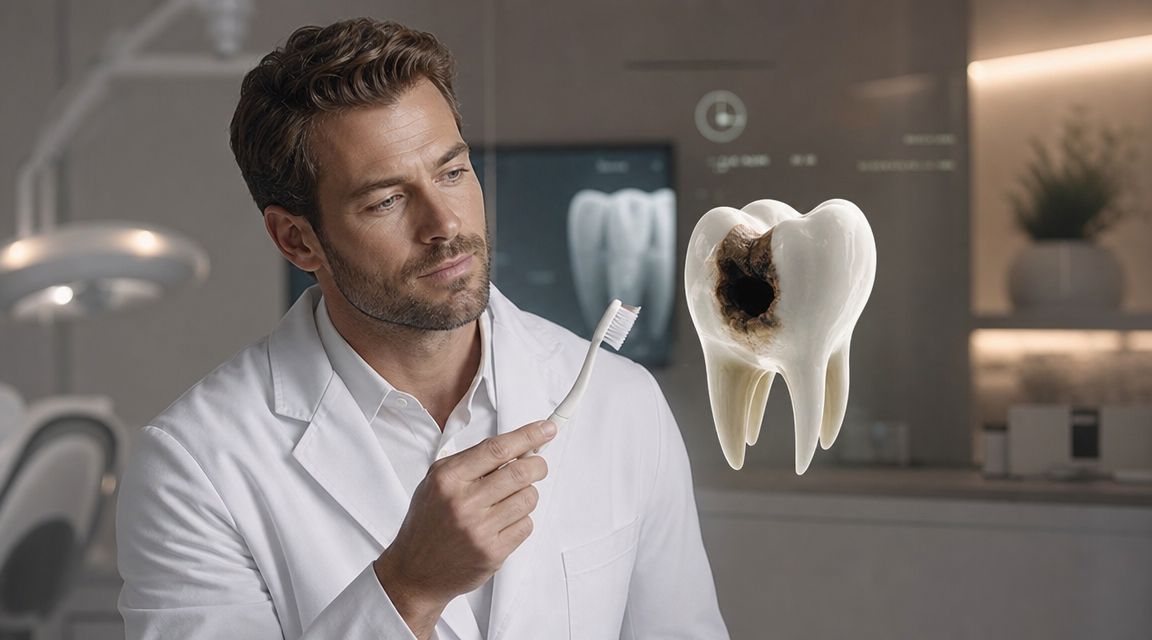 A professional dentist holding a toothbrush while looking at a large 3D model of a decayed tooth.