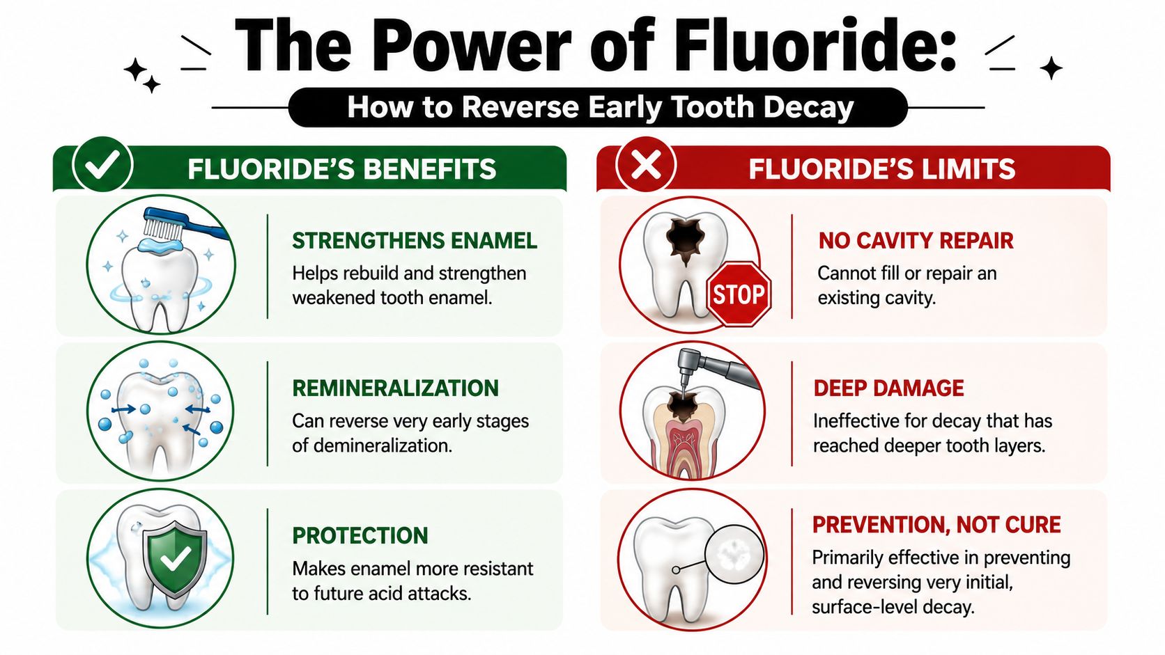 An infographic titled The Power of Fluoride comparing the benefits and limits of fluoride for tooth enamel health.