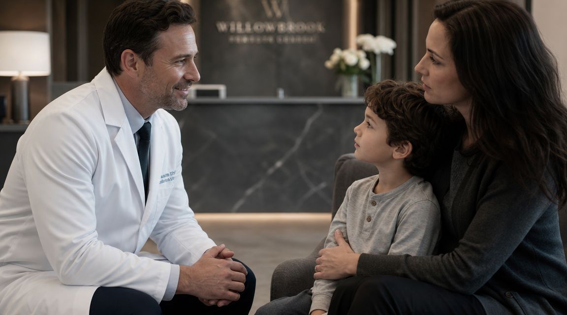 A friendly dentist speaking with a young boy and his mother in a modern dental office setting.