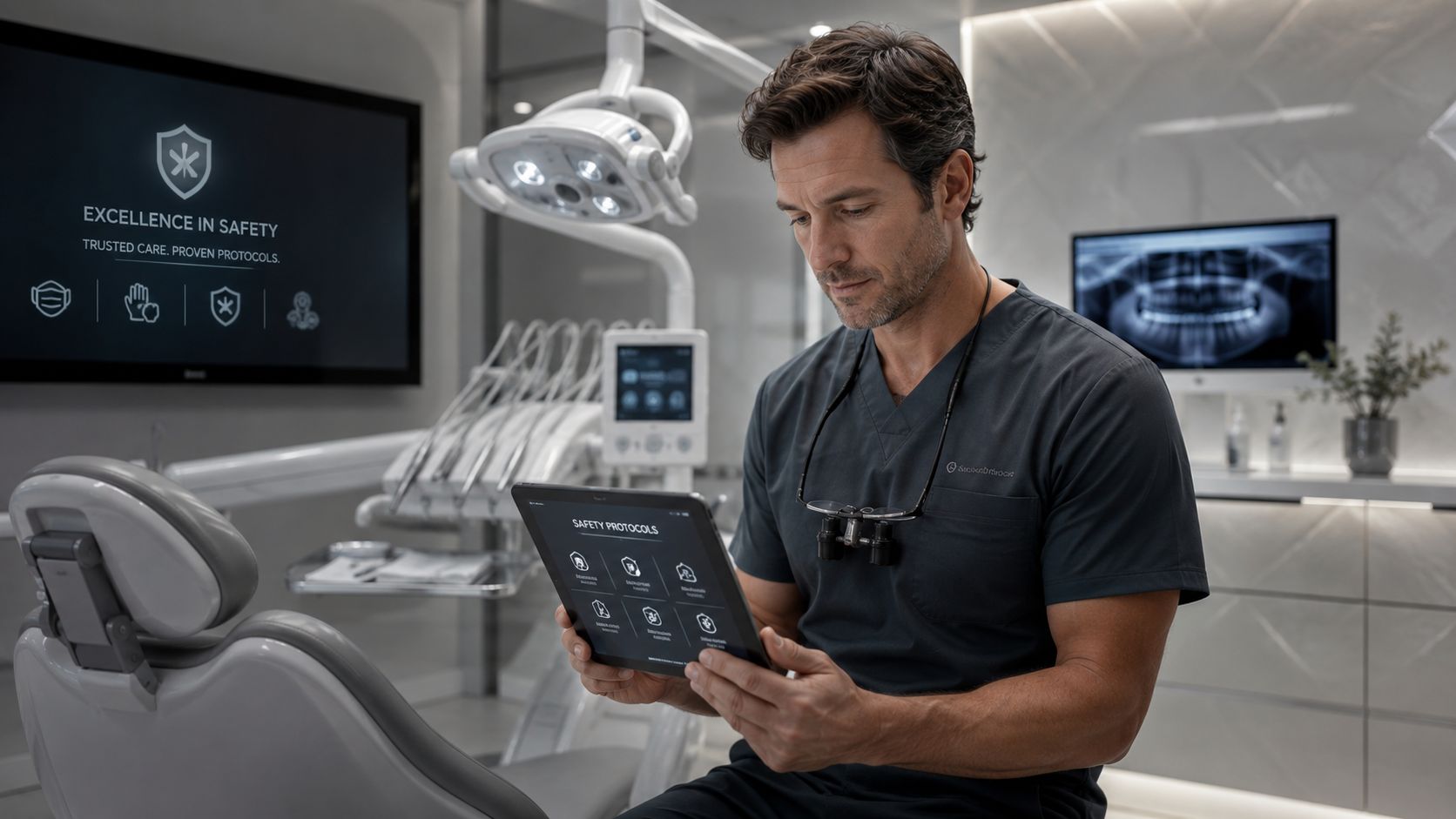 A professional dentist reviewing safety protocols on a tablet in a modern, clean dental office environment.