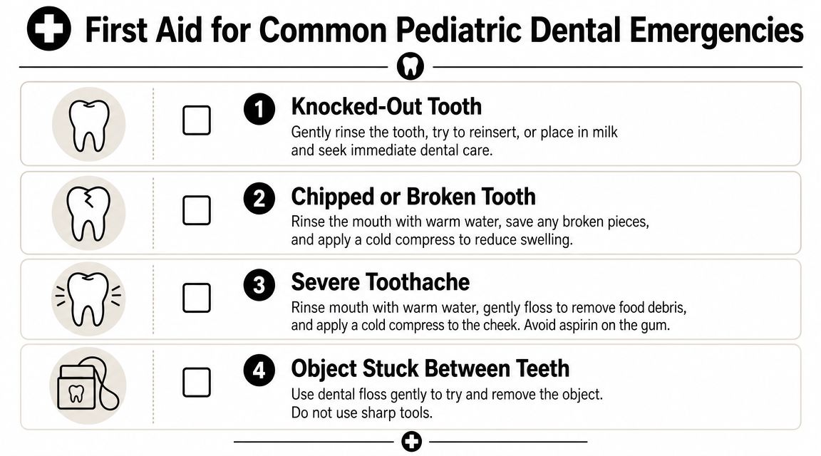 An infographic showing first aid steps for common pediatric dental emergencies like toothaches or knocked-out teeth.