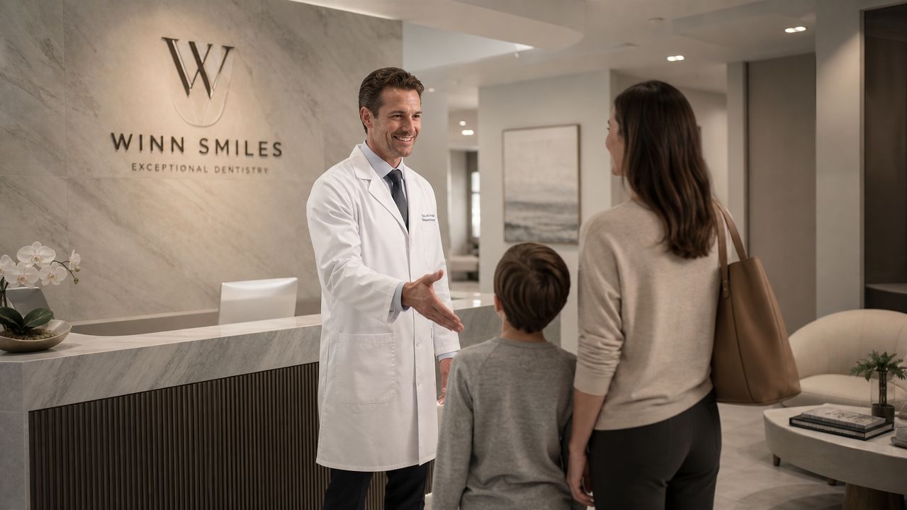 A friendly dentist greeting a young boy and his mother at a modern dental office reception desk.