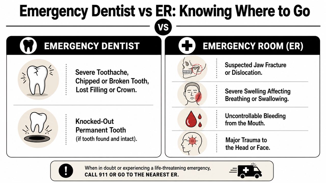 An infographic comparing when to visit an emergency dentist versus an emergency room for dental injuries.