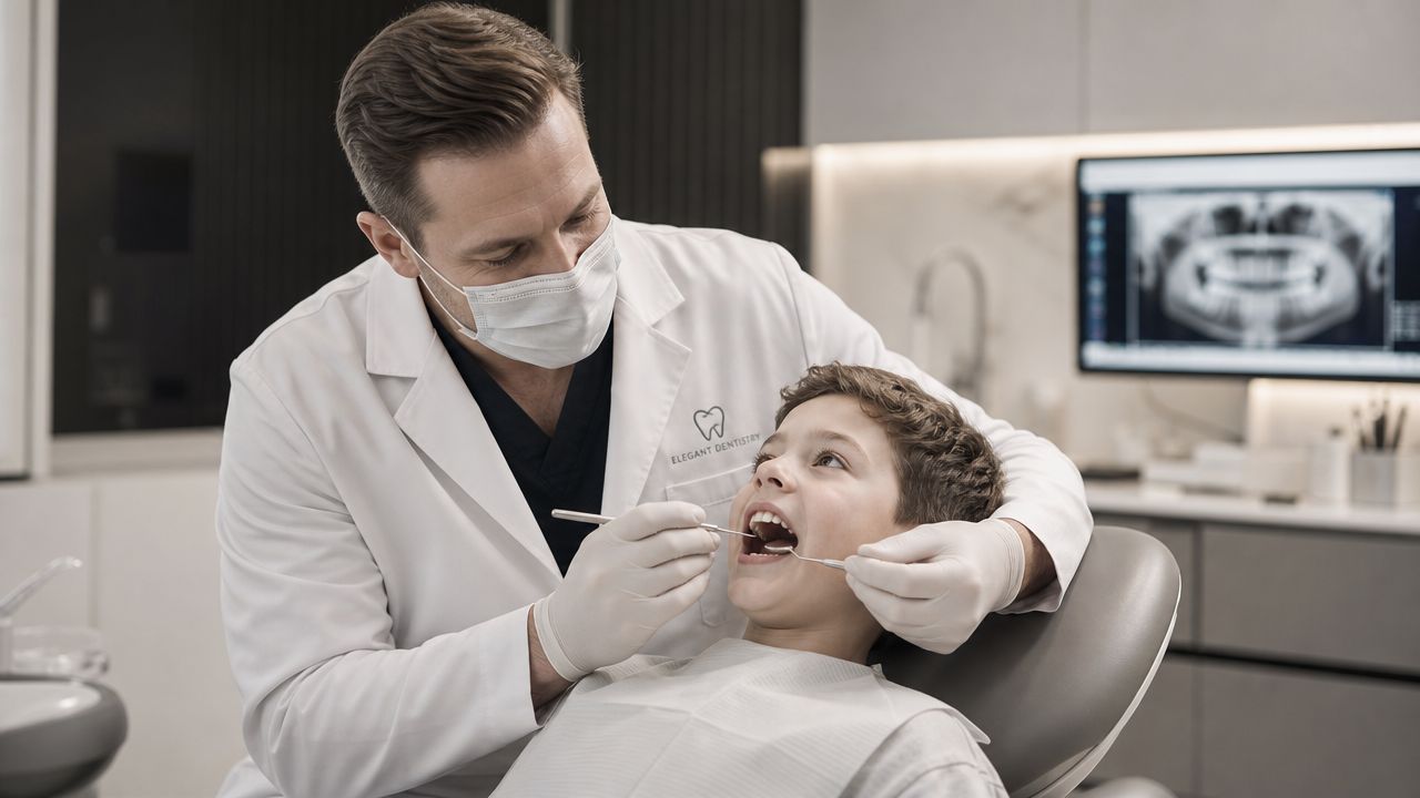 A professional dentist wearing a mask and gloves performing a dental examination on a young boy.