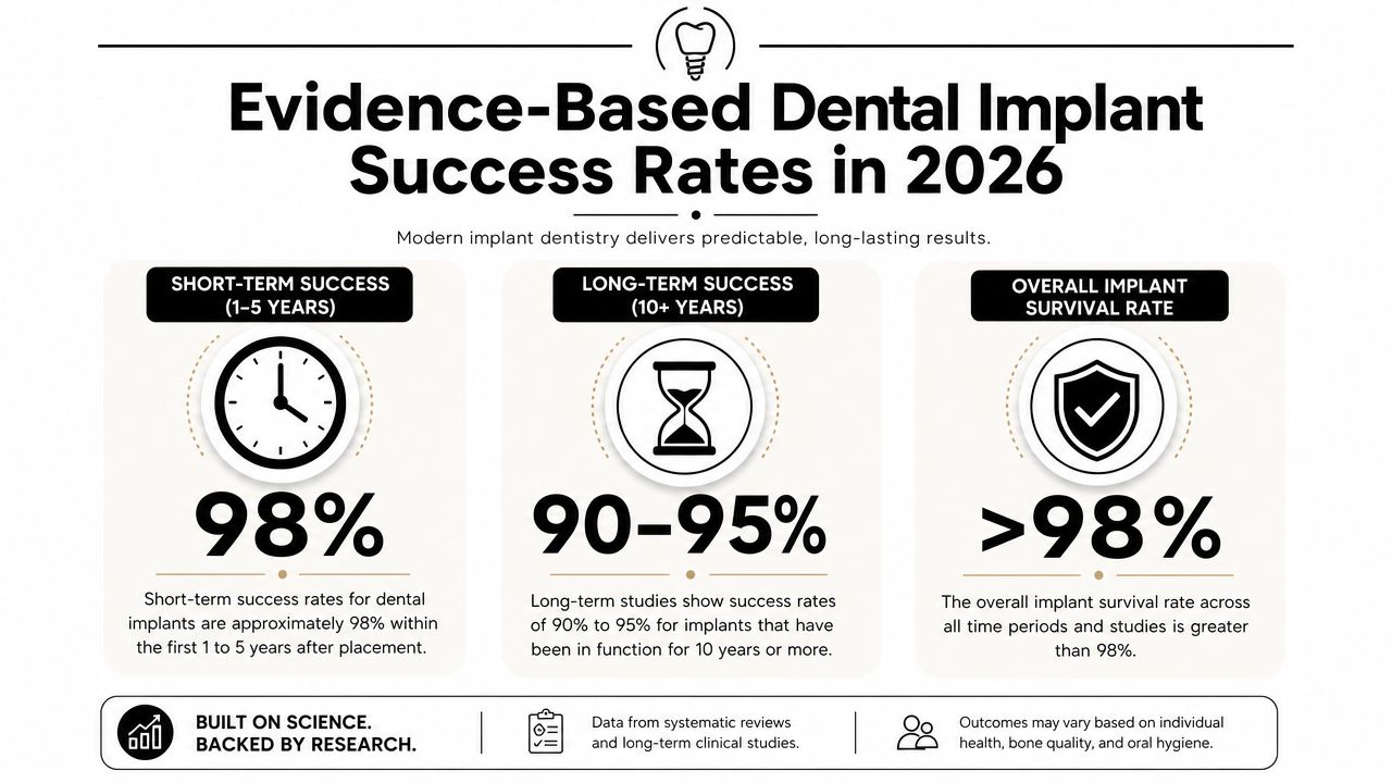 An infographic showing evidence-based dental implant success rates, including short-term, long-term, and overall survival statistics.